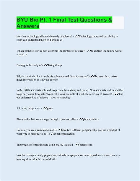 BYU Bio Pt. 1 Final Test Questions & Answers - Scholarfriends
