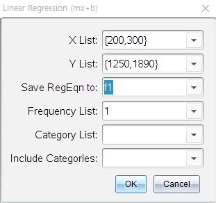 TI nspire Statistics의 Linear Regression 으로 선형 보간법 결과 구하기