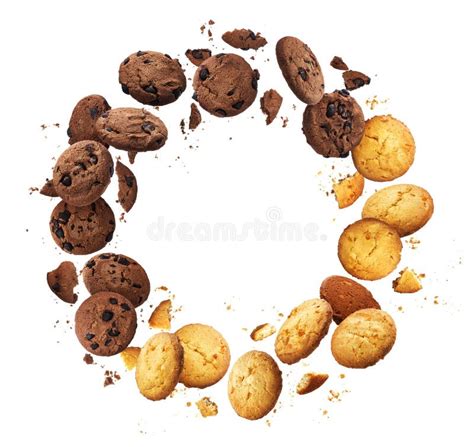 Falling Broken Chocolate Chip Cookies Isolated On White Background With