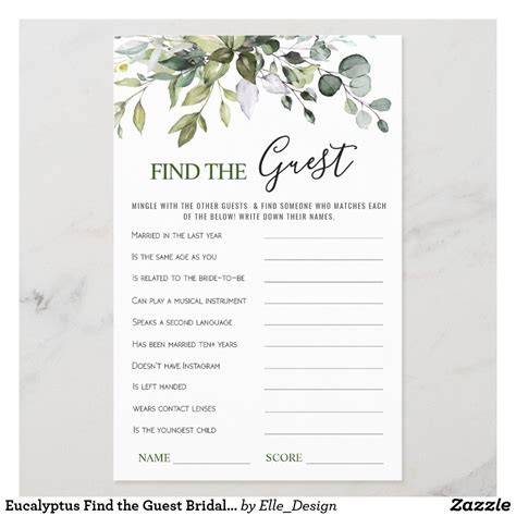 Eucalyptus Find The Guest Bridal Shower Game Bridal Shower Bingo