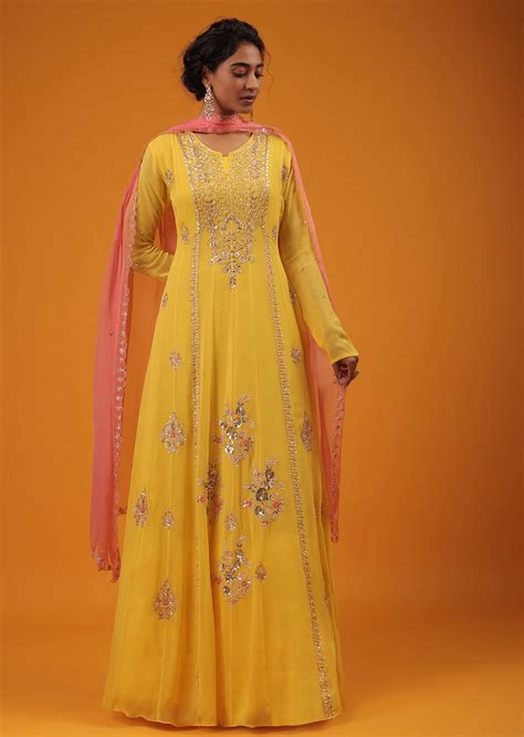 Buy Yellow Georgette Anarkali Suit With Zari Motii And Floral Embroidery