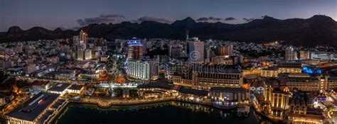 Aerial Night View of the Old and Modern Buildings at Waterfront in Port ...