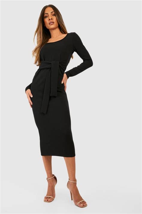 Scoop Neck Tie Waist Midi Dress Boohoo Uk