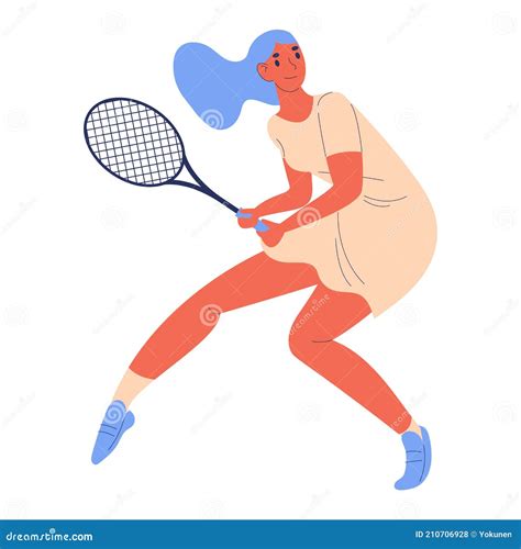 Mujer Con Raqueta Entrenamiento Tenis Personaje De Dibujos Animados