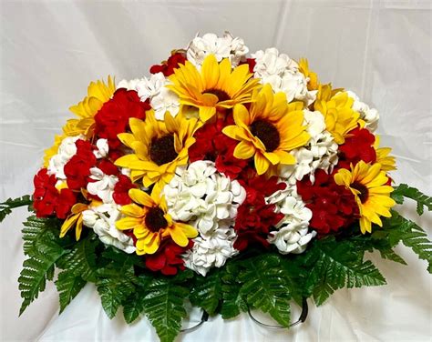 Sunflower Headstone Saddle Sunflowers And Red White Geraniums Green