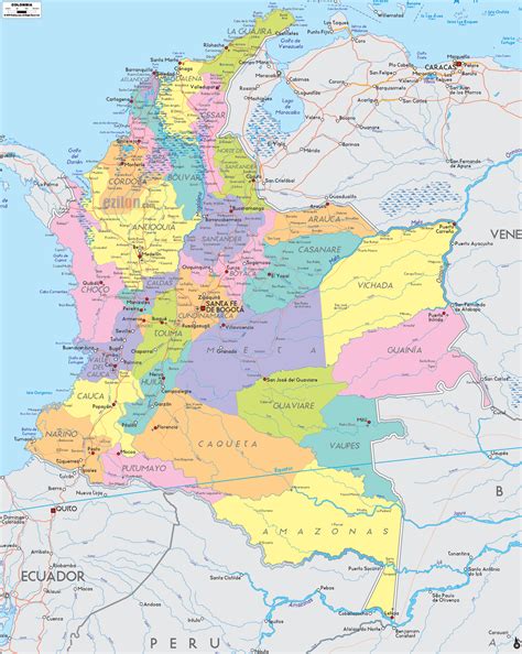 Map of Colombia with Departments, Capitals, Major Cities, Borders, and