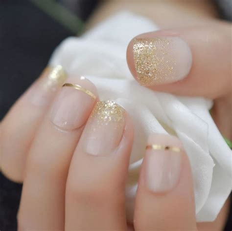 Press On Nails Short Gold Glitter Nude Press On Nail Short Etsy