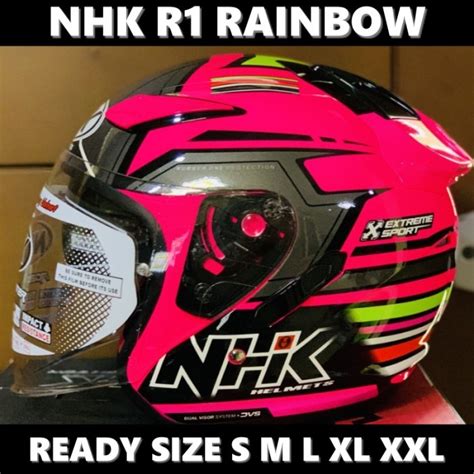 Jual Helm Nhk R Rainbow Pink Fluo Double Visor Half Face Helem Motor