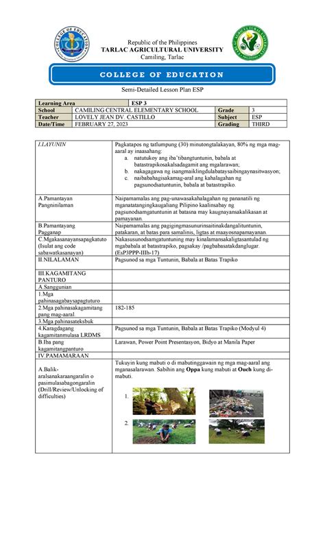 lesson  pagsunod sa mga tuntunin babala  batas trapiko esp