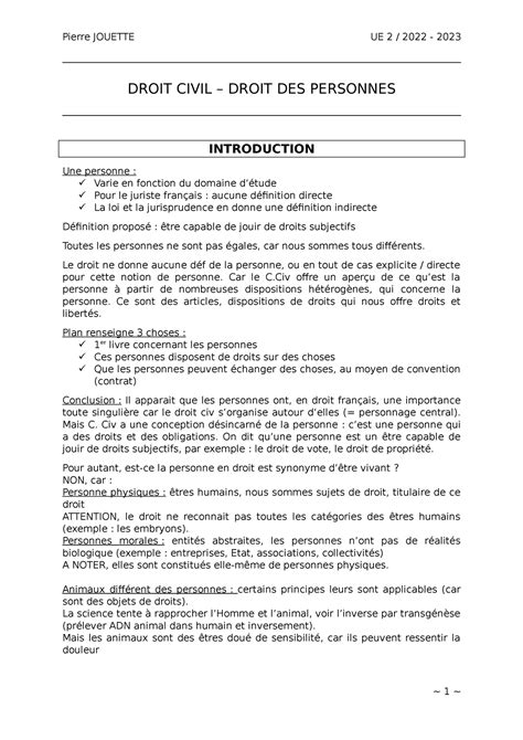 CM Droit Civil Cours Magistral DROIT CIVIL DROIT DES PERSONNES