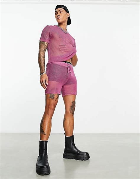 Asos Design Co Ord Knitted Metallic Mesh Short In Pink Asos