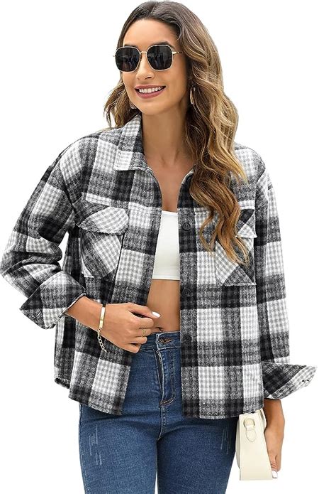 KOJOOIN Karierte Shirt Damen Langarm Bluse V Ausschnitt Flanell Jacke