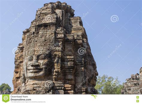 Stone Head On Towers Of Bayon Temple In Angkor Thom Cambodia Stock