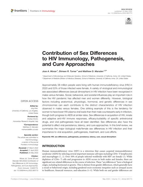 PDF Contribution Of Sex Differences To HIV Immunology Pathogenesis And Cure Approaches