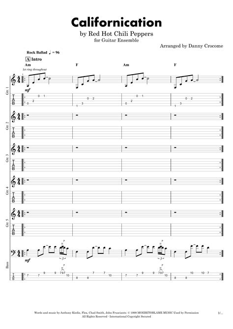 Californication Sheet Music Red Hot Chili Peppers Guitar Ensemble