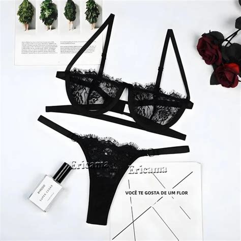 Conjunto De Lingerie Sexy Feminina Renda Transparente Bordado E