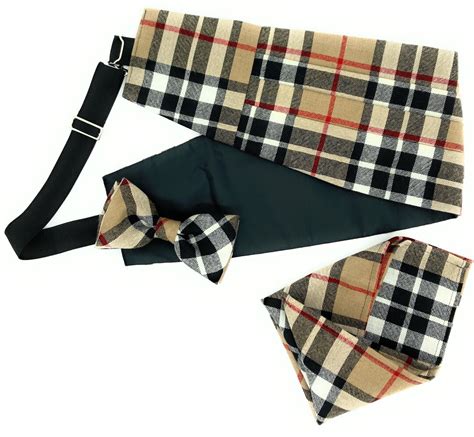 Gents Pure Wool Thomson Camel Tartan Cummerbund Bow Tie Pocket