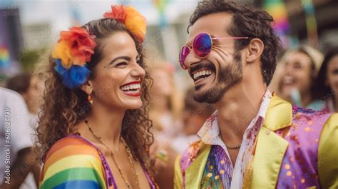 Happy Generative AI Couple At LGBTQ Gay Pride Parade In Sao Paulo Love And Diversity In The