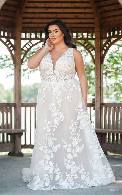 Semi Sheer Floral Plunging Plus Size A Line Wedding Dress