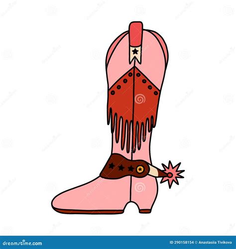 Retro Cowgirl Boots With Traditional Fringe And Spur Vector Pink Doodle With Outline Of Boots