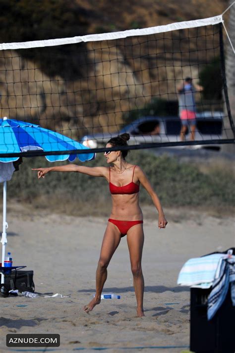 Alessandra Ambrosio In A Red Bikini While Out Playing Beach Volleyball With Her Friends In