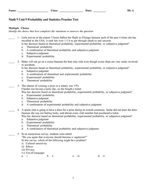 Math 9 Unit 9 Probability And Statistics Practice Test Compress Name