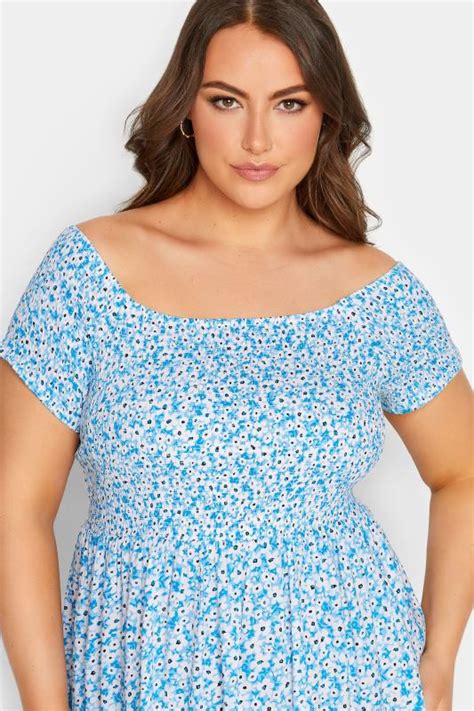 Yours Plus Size Blue Ditsy Floral Bardot Midi Dress Yours Clothing