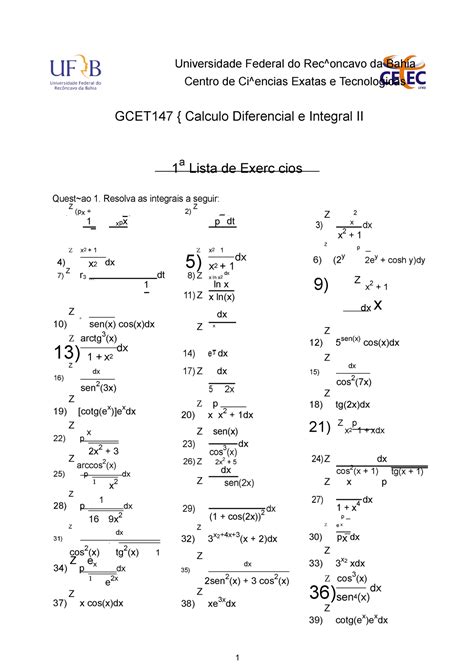 Cálculo Diferencial E Integral Ii Exercícios Métodos De Integração