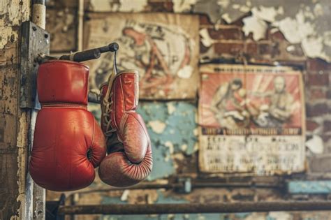 Vintage Boxing Gym With Red Gloves Hanging Amidst Faded Posters And