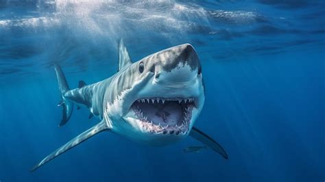 El gran tiburón blanco carcharodon carcharias en aguas azules Foto