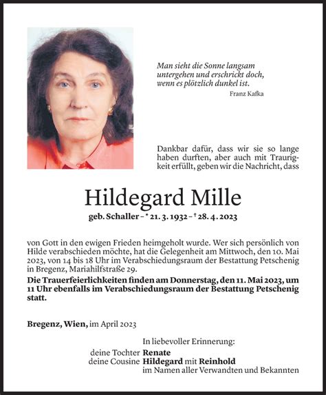 Todesanzeigen Von Hildegard Mille Todesanzeigen Vorarlberger Nachrichten