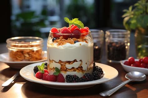 Parfait De Yogur Griego Con Bayas Y Miel En La Mesa Con Fondo De Cocina