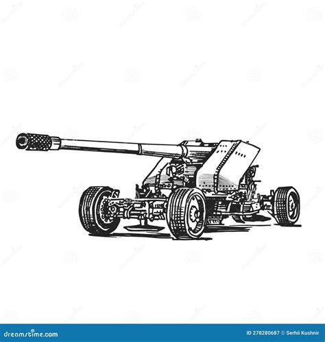 Artillery Cannon Hand Graphic Drawing Military Equipment Stock Vector