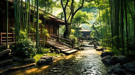 Premium AI Image Lush Bamboo Forest Zen Sanctuary Sunlit Hues With