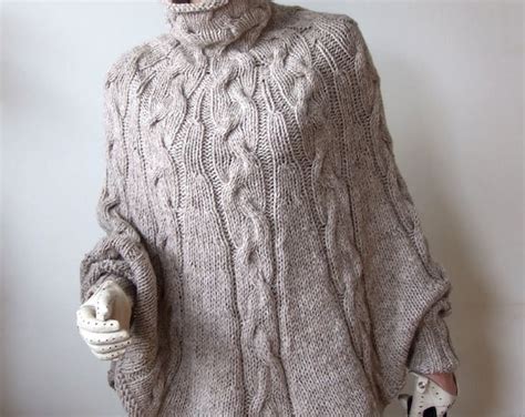 Hand Knitted Poncho Braided Cape Sweater Coffee Beige Poncho Etsy