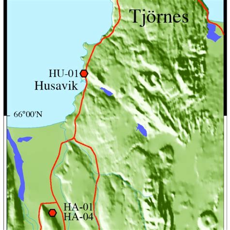 Map showing the Tjörnes peninsula in northern Iceland and the location ...