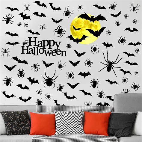 Qeeenar 76 Pcs Halloween Moon Wall Decal Halloween Bat Wall Stickers Vinyl Bat Wall