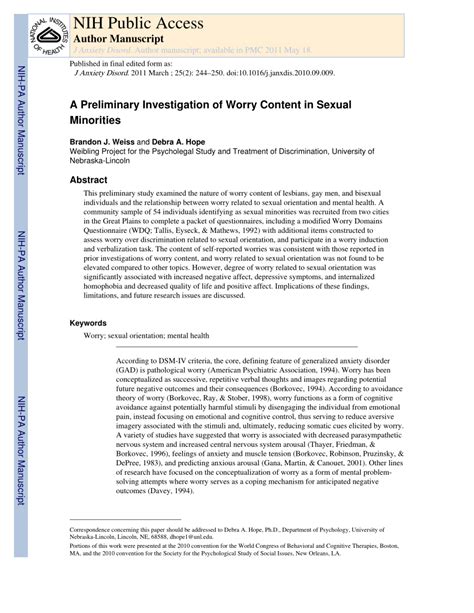 Pdf A Preliminary Investigation Of Worry Content In Sexual Minorities