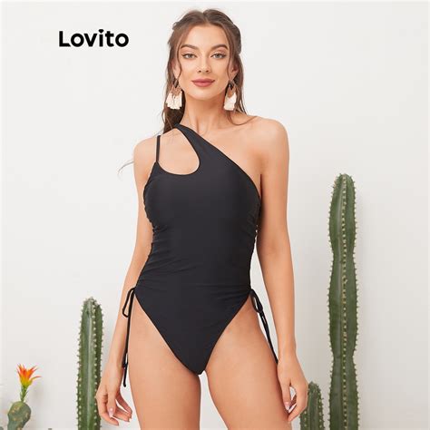 818 Lovito Boho Plain Drawstring Asymmetrical Neck Backless One Pieces