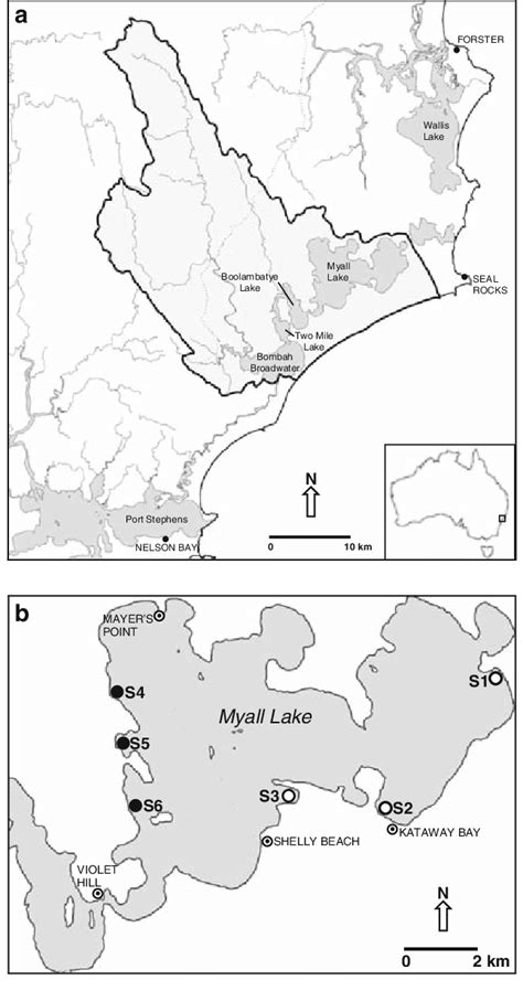 Map of (a) the Myall Lakes system and catchment area, and (b) Myall ...