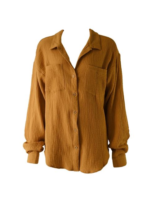 Cotton Gauze Button Down Shirt Mustard Muse By Rimo