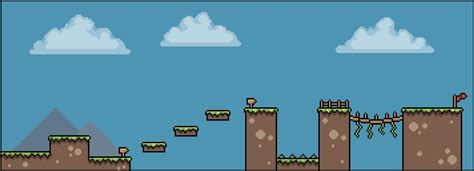 Escena De Juego 2d De 8 Bits De Pixel Art Con Nubes Hierba Puente