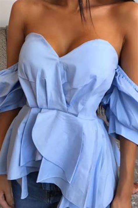 Strapless Backless Cascading Ruffles Plain Puff Sleeve Blouses Women Work Blouse Blouse