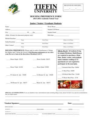 Fillable Online Tiffin Housing Preference Form Academic