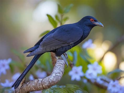 male asian koel perched   tree branch   natural background