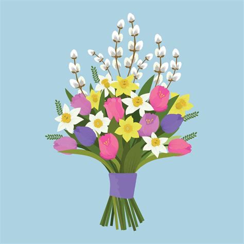 Bouquet Of Tulips Daffodil And Pussy Willow Vector Art At Vecteezy