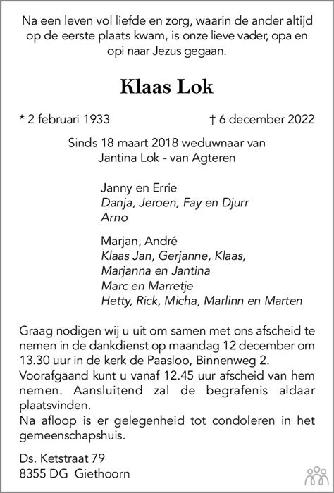 Klaas Lok 06 12 2022 Overlijdensbericht En Condoleances Mensenlinq Nl