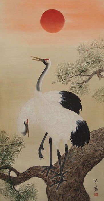 Cranes Perched In Pine Tree Symbols Of Longevity Large Catawiki