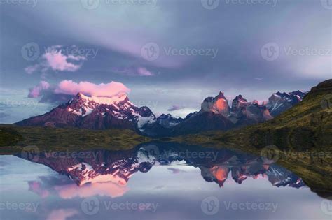 Sunrise Over Cuernos Del Paine And Lake Pehoe Torres Del Paine