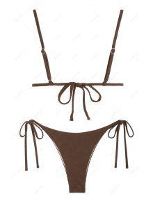 ZAFUL Ribbed Ruffle Tie Side String Bikini Swimwear In DEEP COFFEE